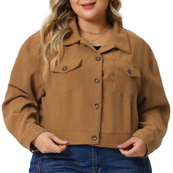 Plus Size Lightweight Cropped Shacket Button Down Corduroy Shacket Jackets Brown - Picture 2 of 6